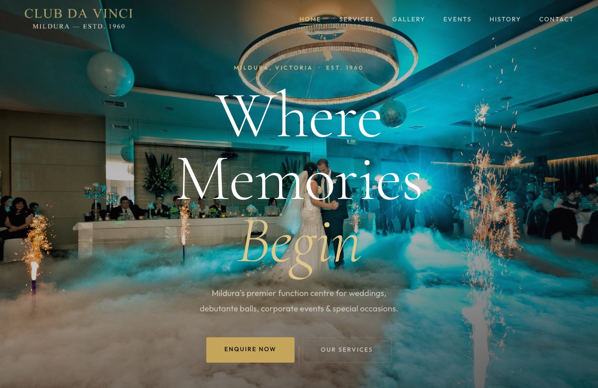 Homepage of the Mildura Club Da Vinci website — an elegant function venue